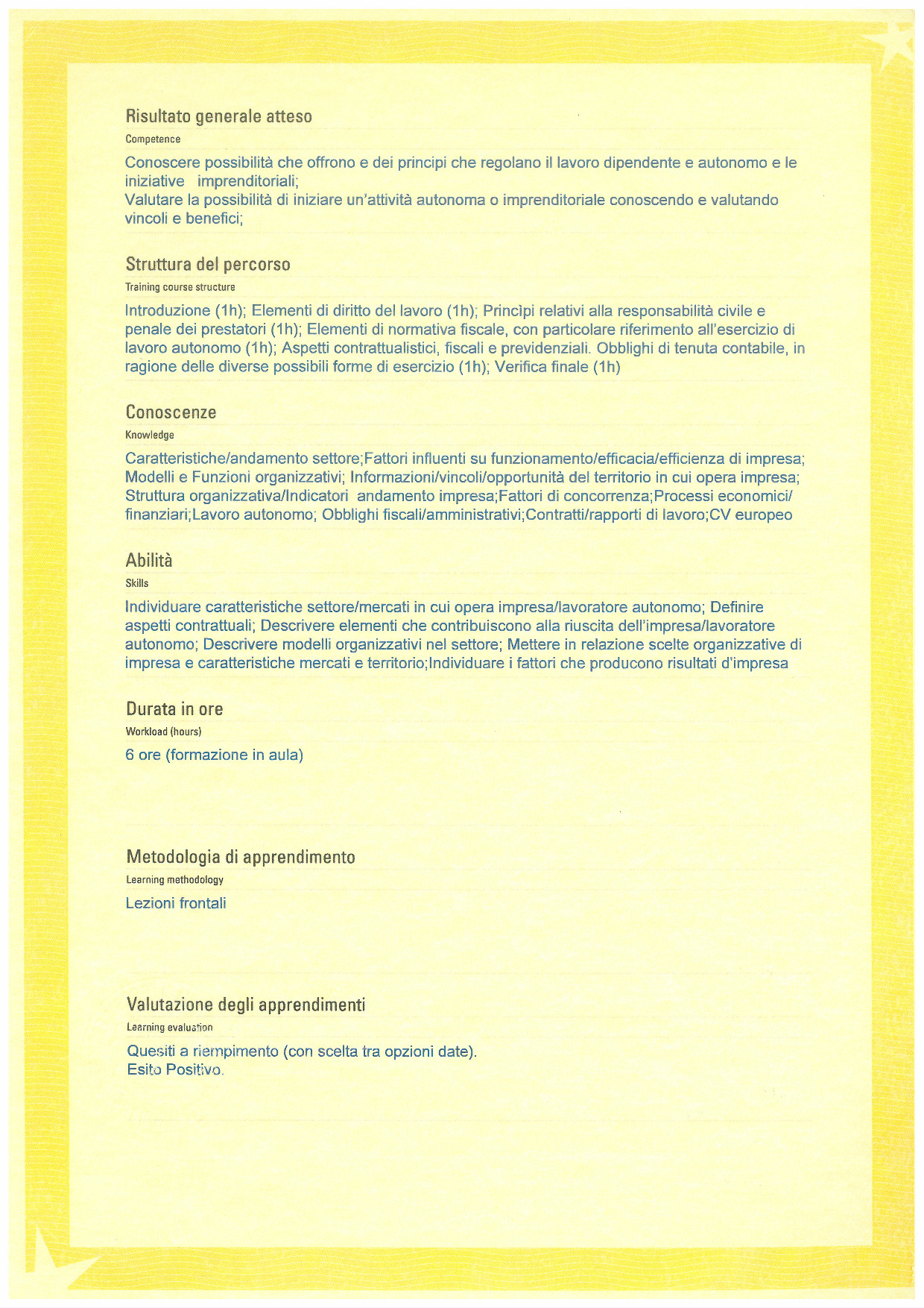 Employment Training Certificate - Back