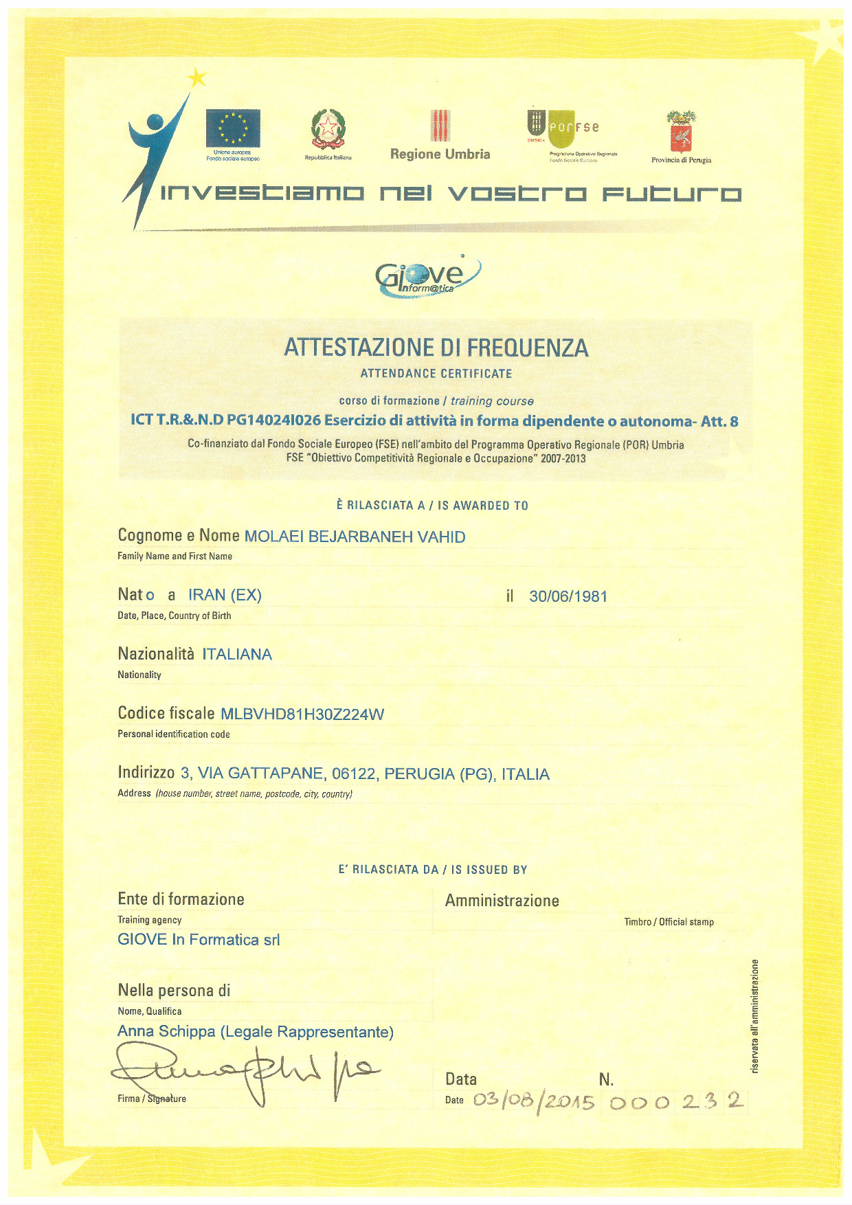 Employment Training Certificate - Front