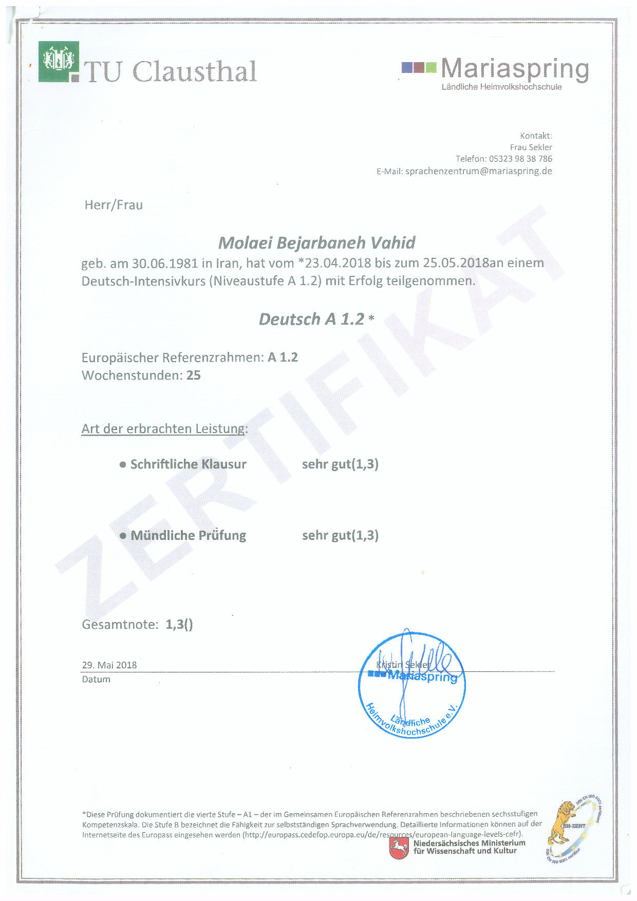 German A1.2 Certificate - Front