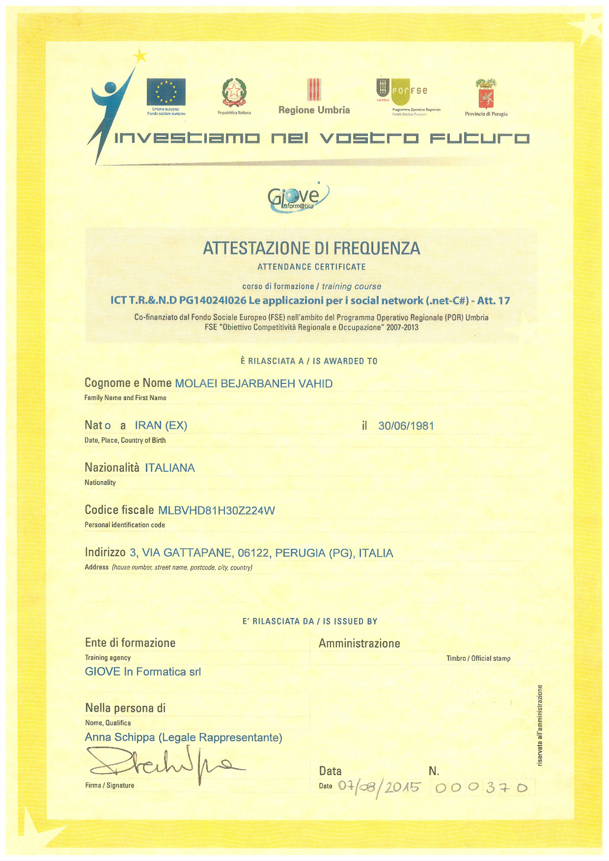 Social Network Applications Certificate - Front