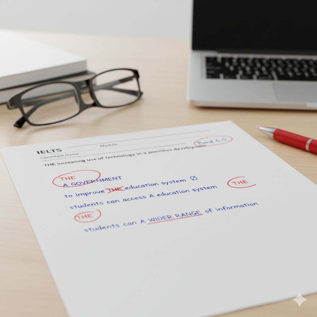 IELTS test paper with article errors highlighted in red