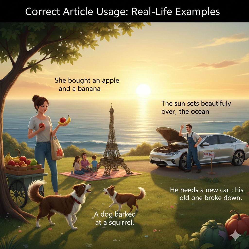 Real-life example sentences demonstrating correct article usage