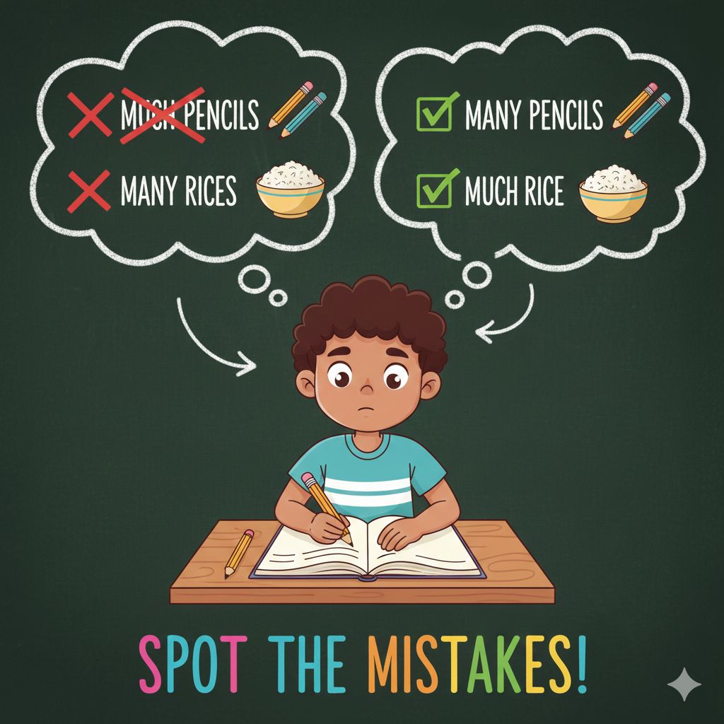 Cartoon-style image showing wrong and right usages of countable and uncountable nouns with check and cross marks