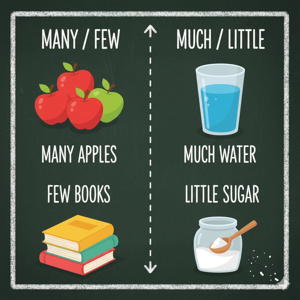 Infographic showing grammar tips such as many or few for countable nouns and much or little for uncountable nouns