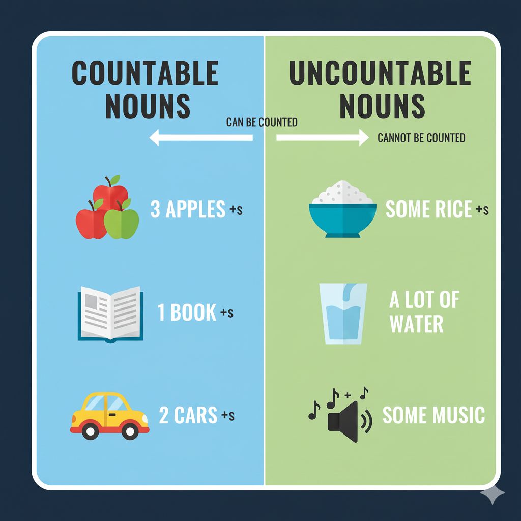 Bright infographic showing countable and uncountable noun categories in a clear visual layout