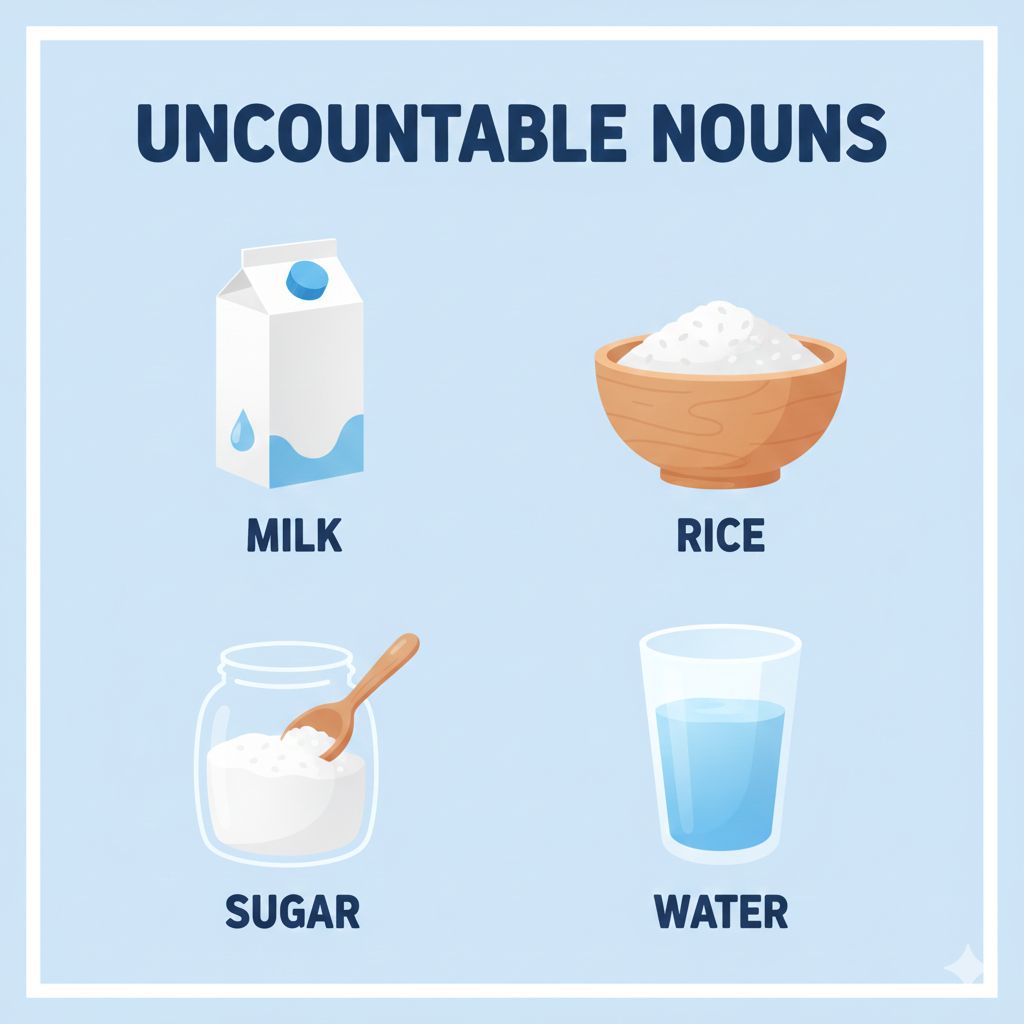 Minimalist illustration showing typical uncountable items such as water, sugar, and rice