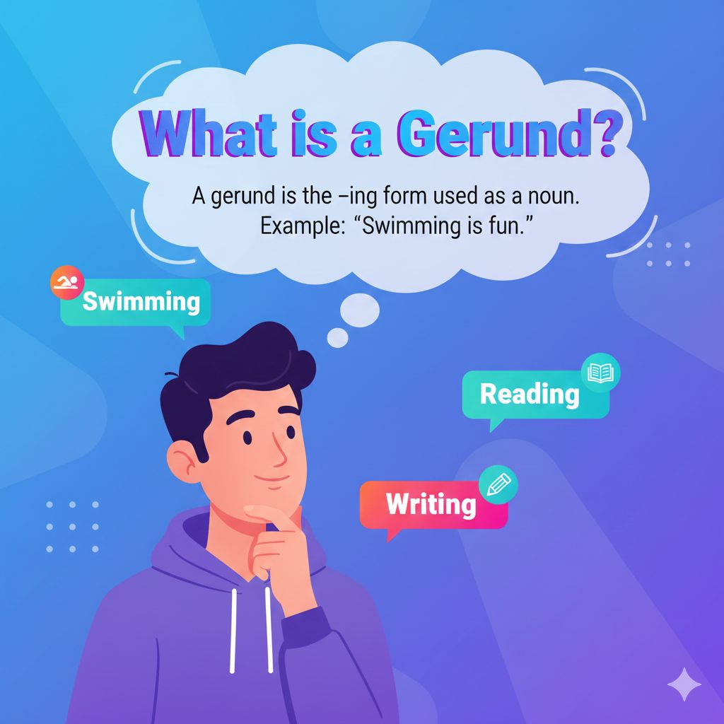 Illustration of gerunds with examples like swimming, reading, and writing