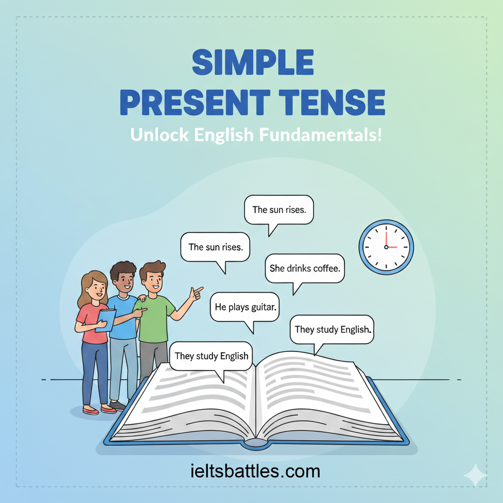 Simple Present Tense Lesson Illustration showing daily routine concept