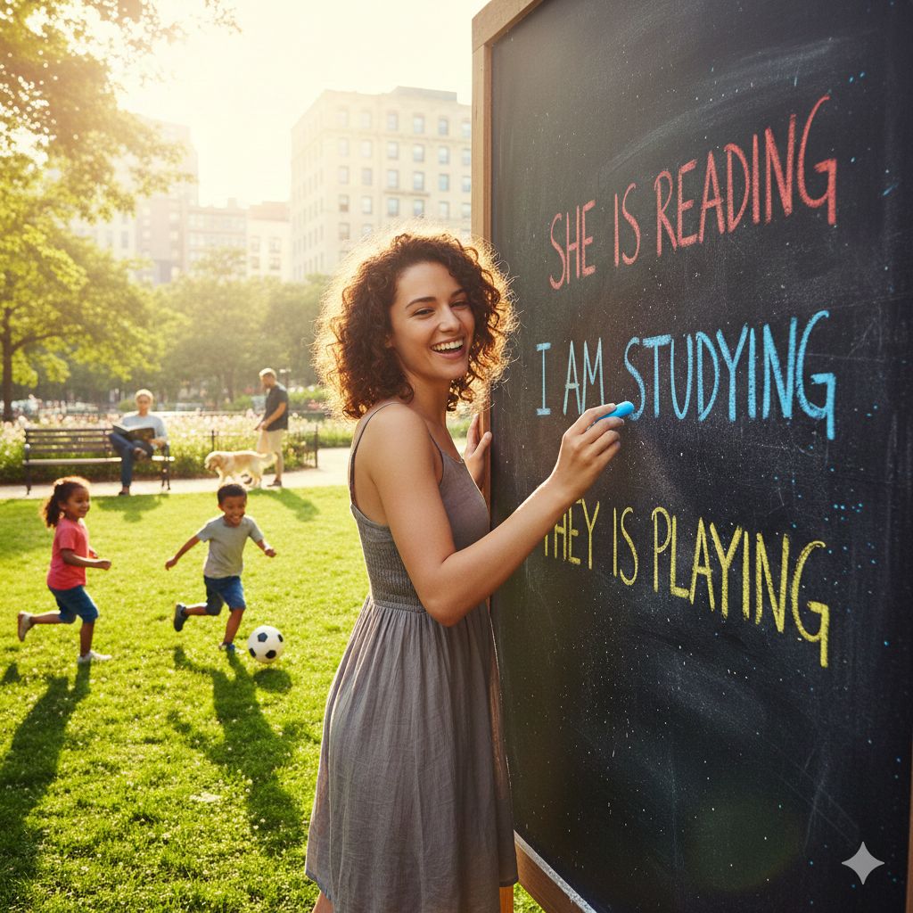 Present Continuous grammar formula: am/is/are + verb-ing with clear visual examples