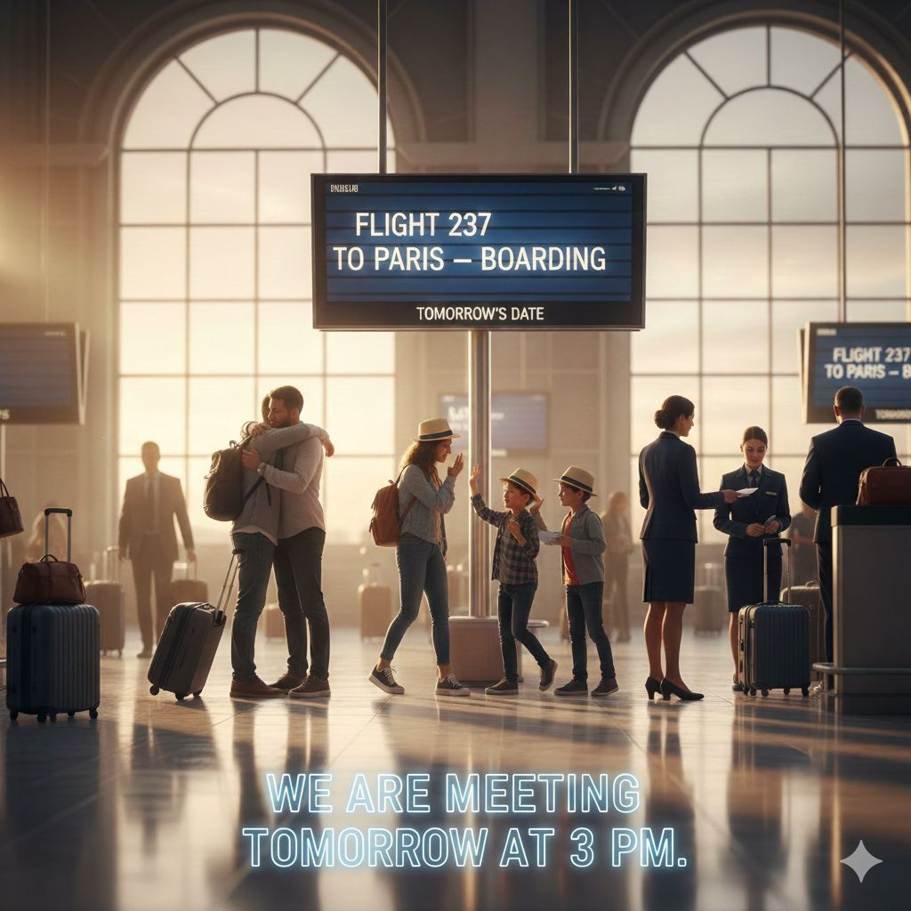 Future arrangements: meeting tomorrow, flying next week, having dinner tonight