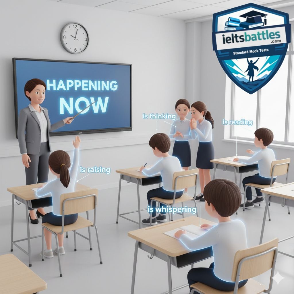 Present Continuous tense introduction showing actions happening right now with live clock and real-time activities