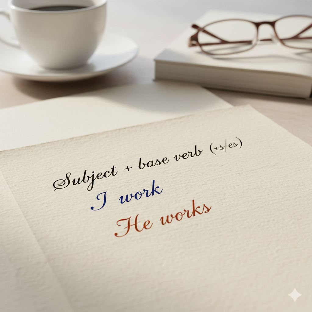 Present Simple grammar formula: base verb or verb + s/es with clear visual examples