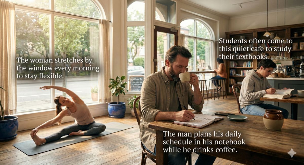 Present Simple tense introduction showing daily routines, habits, and general facts